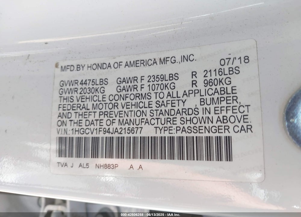 2018 HONDA ACCORD VIN: 1HGCV1F94JA215677