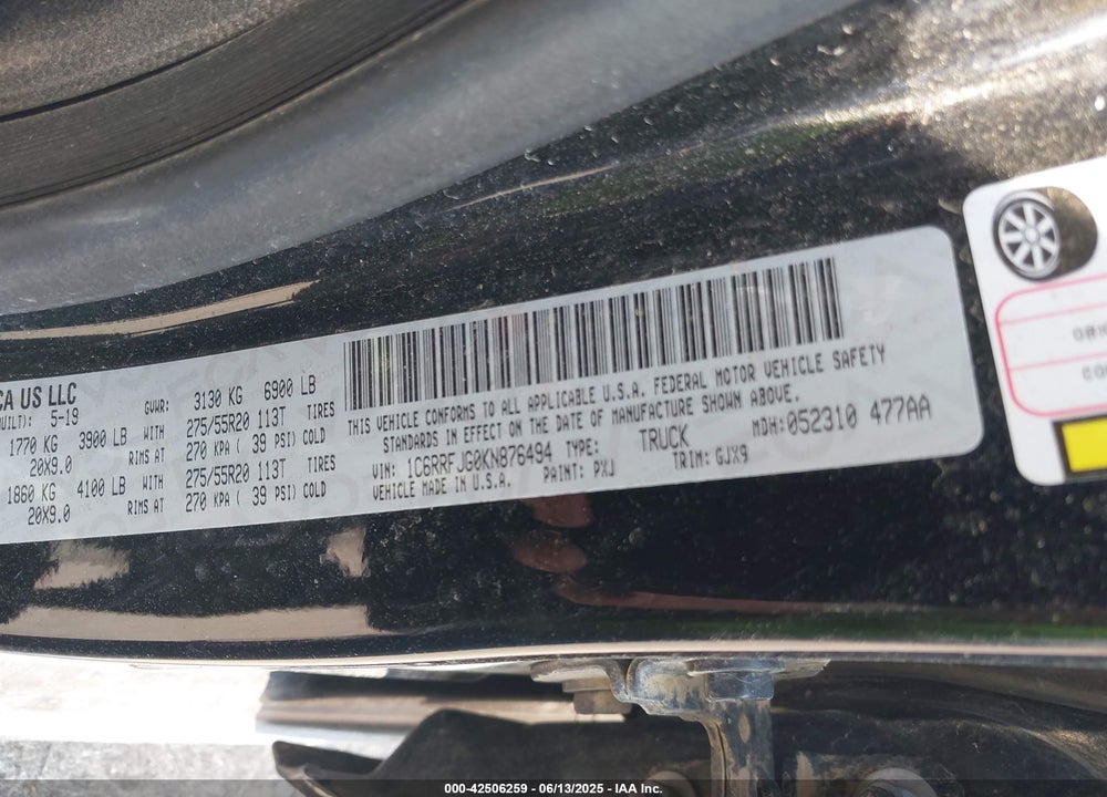 2019 RAM 1500 VIN: 1C6RRFJG0KN876494
