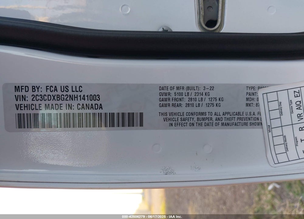2022 DODGE CHARGER VIN: 2C3CDXBG2NH141003