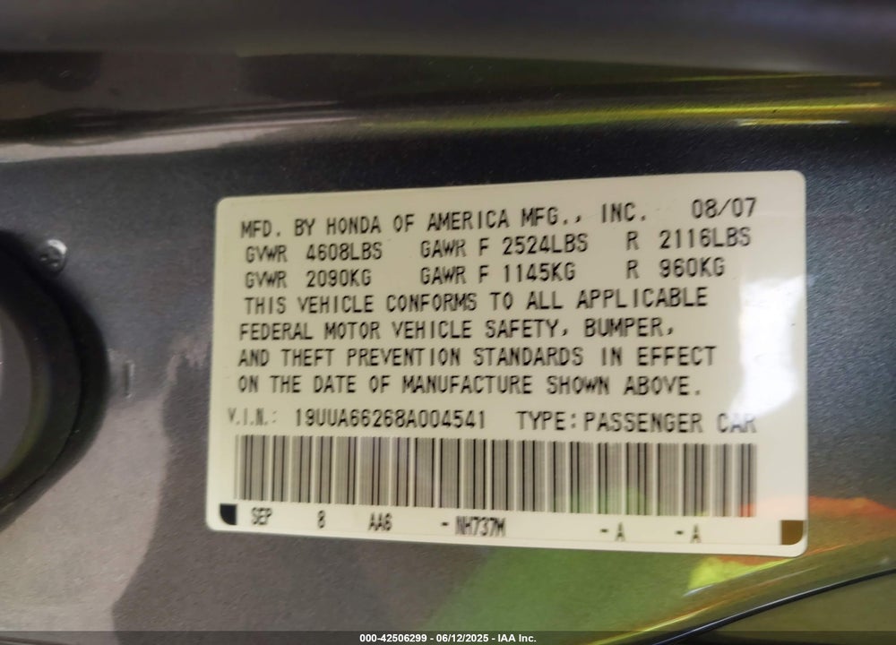 2008 ACURA TL VIN: 19UUA66268A004541