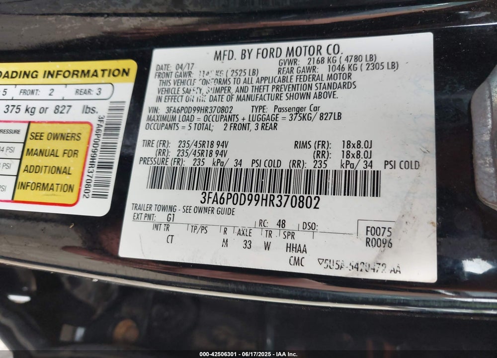 2017 FORD FUSION TITANIUM VIN: 3FA6P0D99HR370802