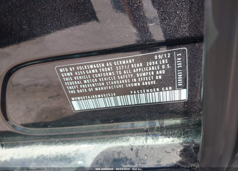 2013 VOLKSWAGEN GTI VIN: WVWGV7AJ8DW092526