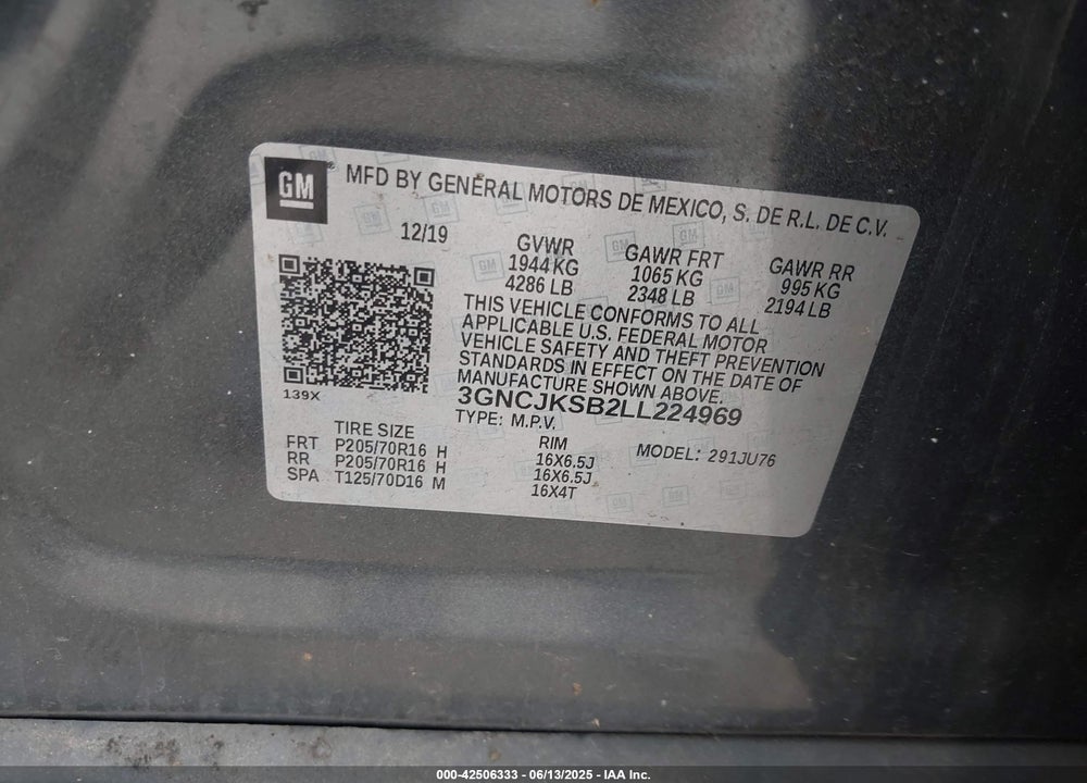 2020 CHEVROLET TRAX VIN: 3GNCJKSB2LL224969