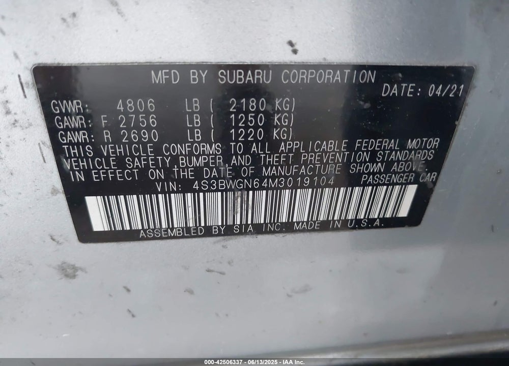 2021 SUBARU LEGACY VIN: 4S3BWGN64M3019104