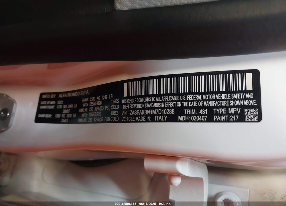 2021 ALFA ROMEO STELVIO VIN: ZASPAKBN1M7D10288