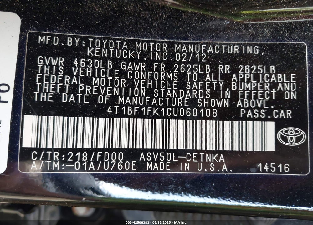 2012 TOYOTA CAMRY VIN: 4T1BF1FK1CU060108