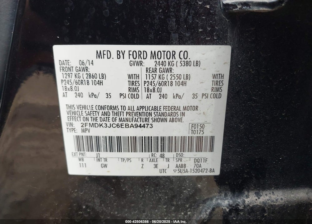 2014 FORD EDGE VIN: 2FMDK3JC6EBA94473