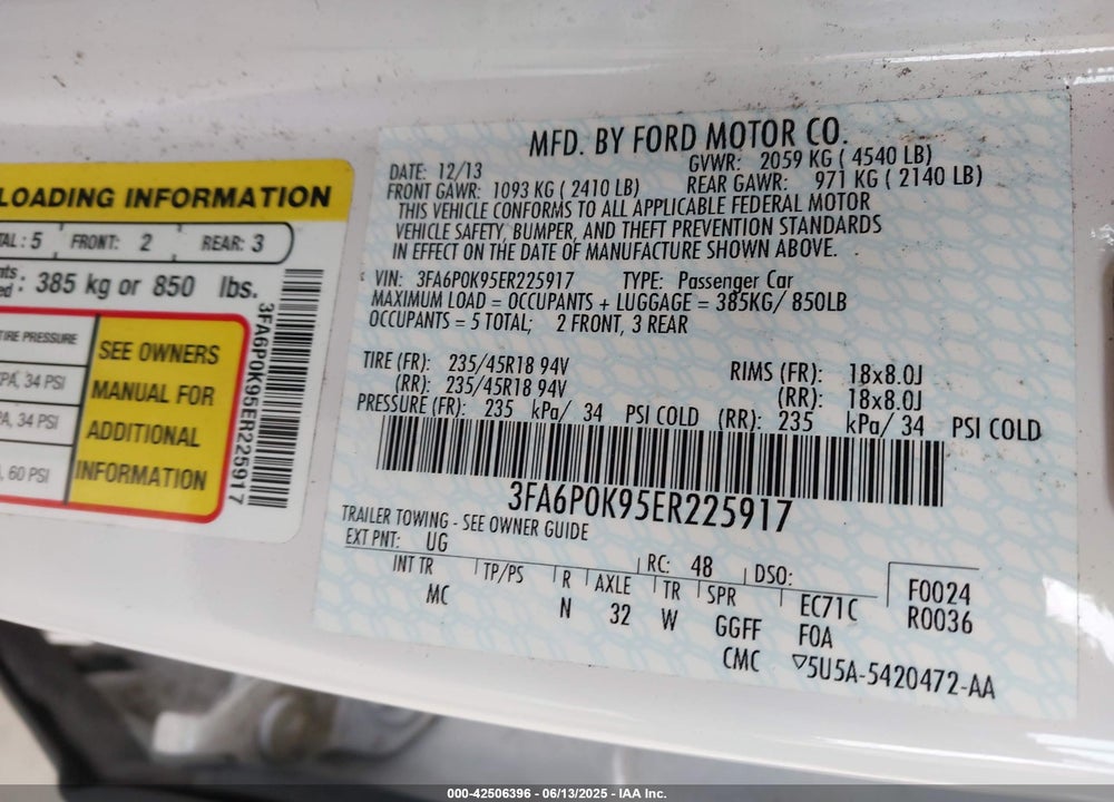 2014 FORD FUSION TITANIUM VIN: 3FA6P0K95ER225917
