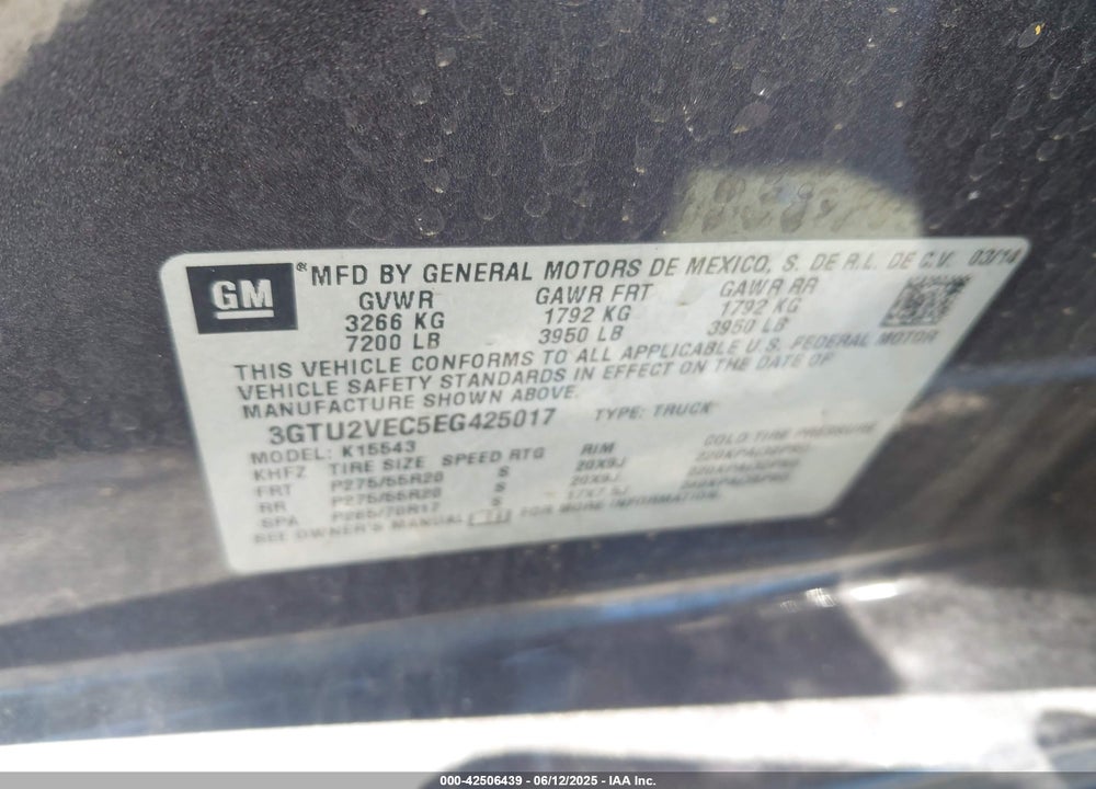 2014 GMC SIERRA 1500 VIN: 3GTU2VEC5EG425017