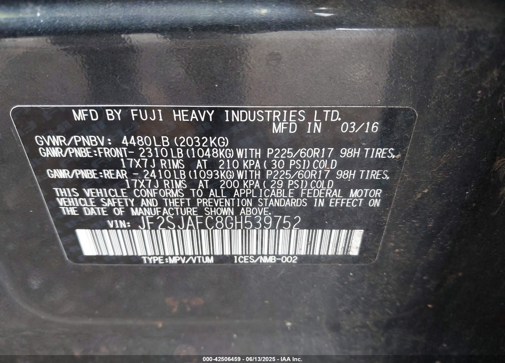 2016 SUBARU FORESTER VIN: JF2SJAFC8GH539752