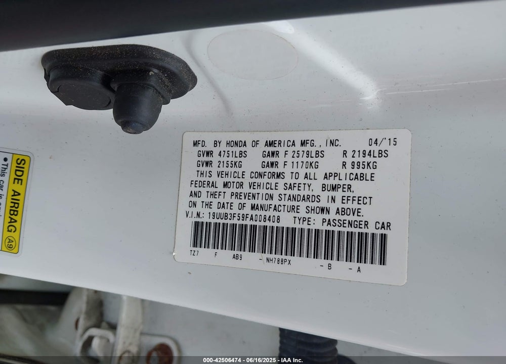 2015 ACURA TLX VIN: 19UUB3F59FA008408