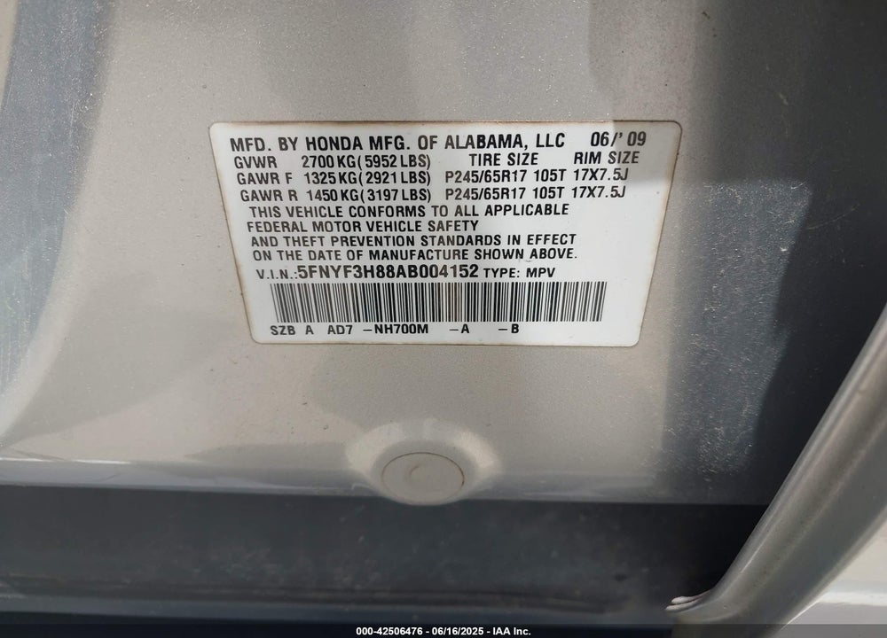 2010 HONDA PILOT TOURING VIN: 5FNYF3H88AB004152