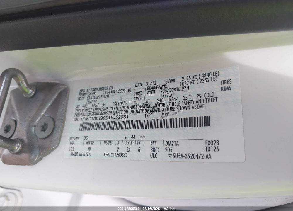 2013 FORD ESCAPE VIN: 1FMCU9H90DUC52981