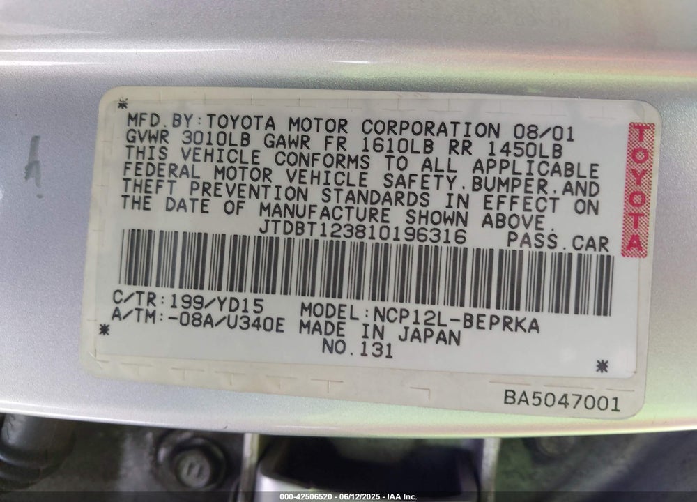 2001 TOYOTA ECHO VIN: JTDBT123810196316