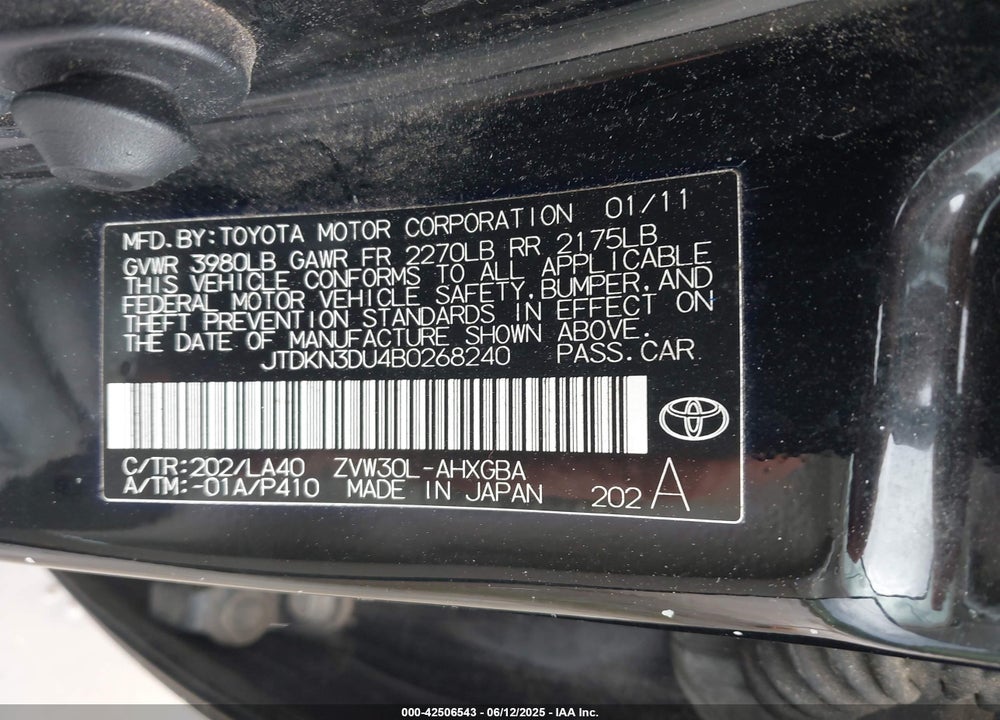 2011 TOYOTA PRIUS FIVE VIN: JTDKN3DU4B0268240
