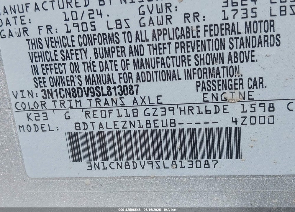 2025 NISSAN VERSA VIN: 3N1CN8DV9SL813087