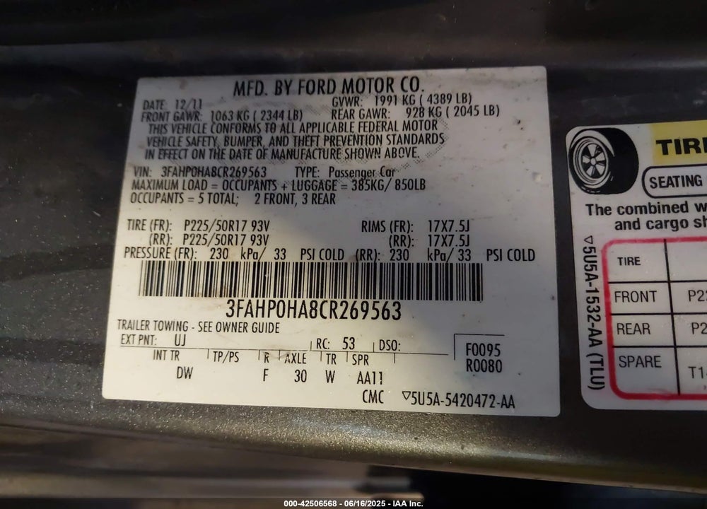 2012 FORD FUSION VIN: 3FAHP0HA8CR269563