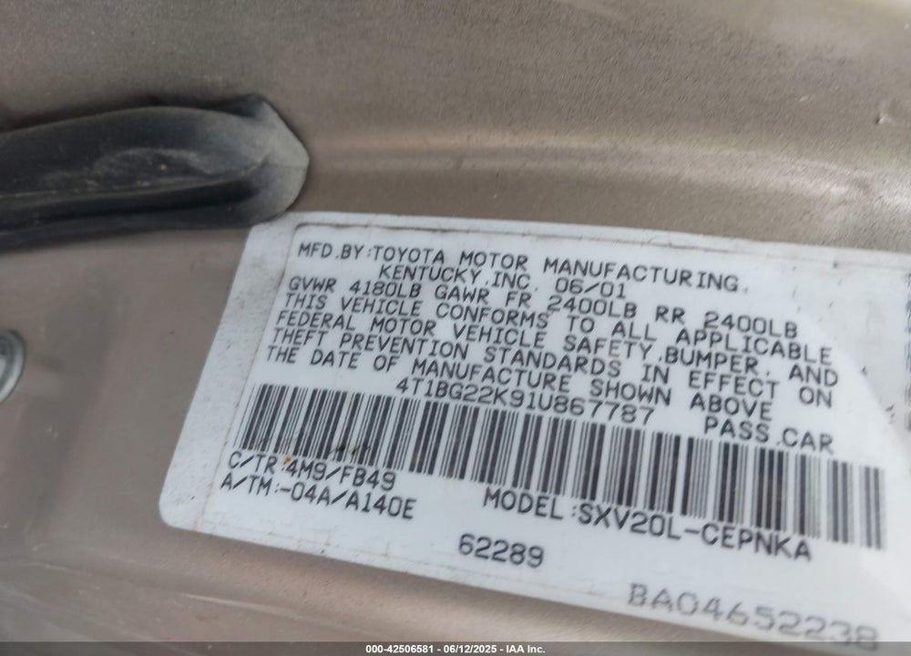 2001 TOYOTA CAMRY LE VIN: 4T1BG22K91U867787