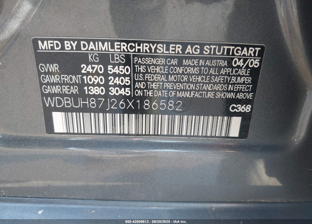 2006 MERCEDES-BENZ E-CLASS VIN: WDBUH87J26X186582