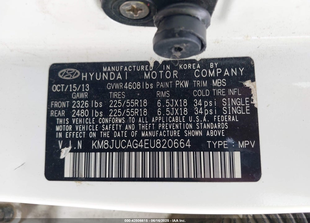 2014 HYUNDAI TUCSON LIMITED VIN: KM8JUCAG4EU820664