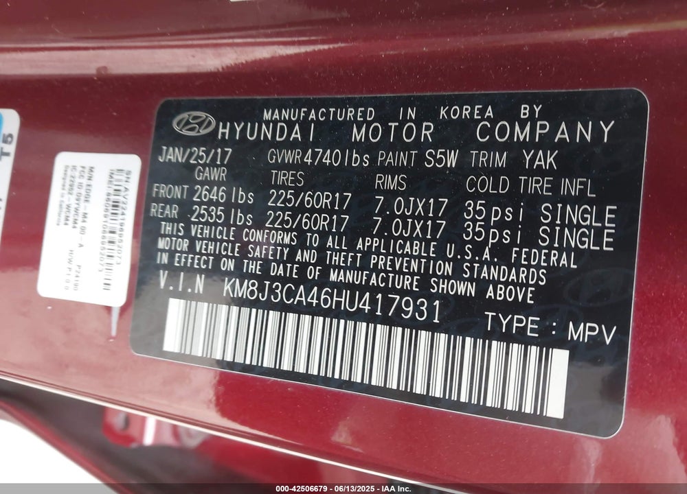 2017 HYUNDAI TUCSON SE VIN: KM8J3CA46HU417931