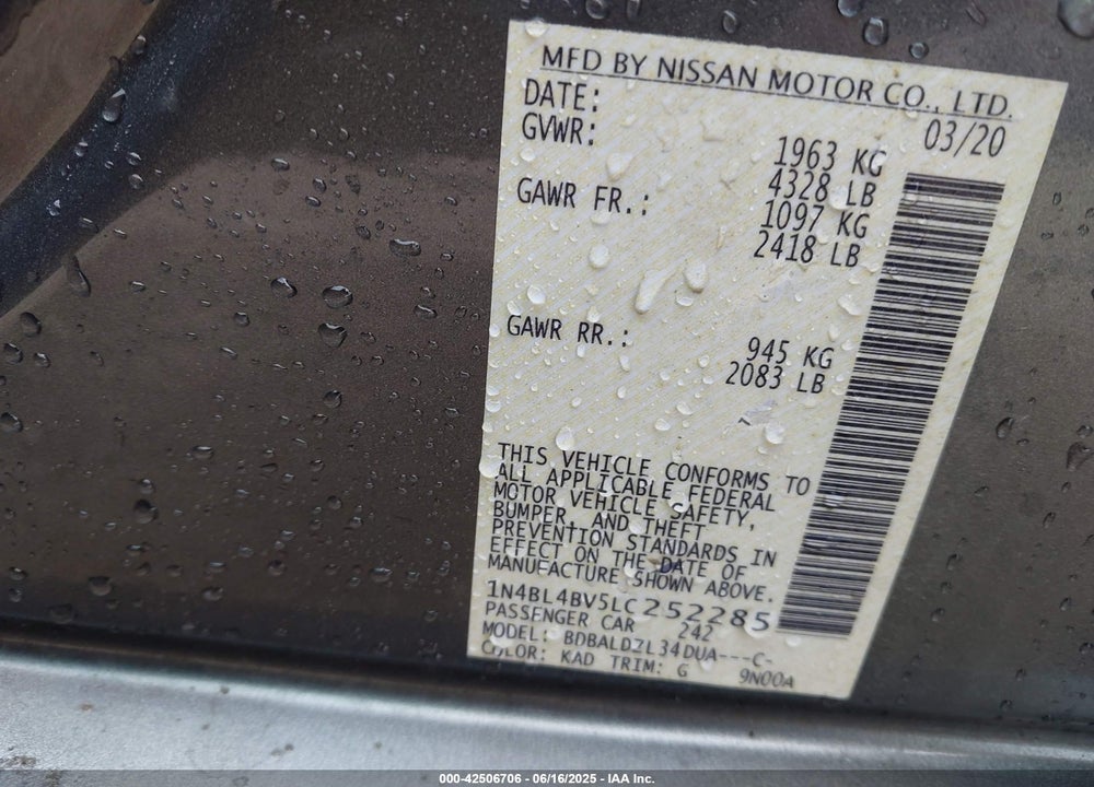 2020 NISSAN ALTIMA VIN: 1N4BL4BV5LC252285