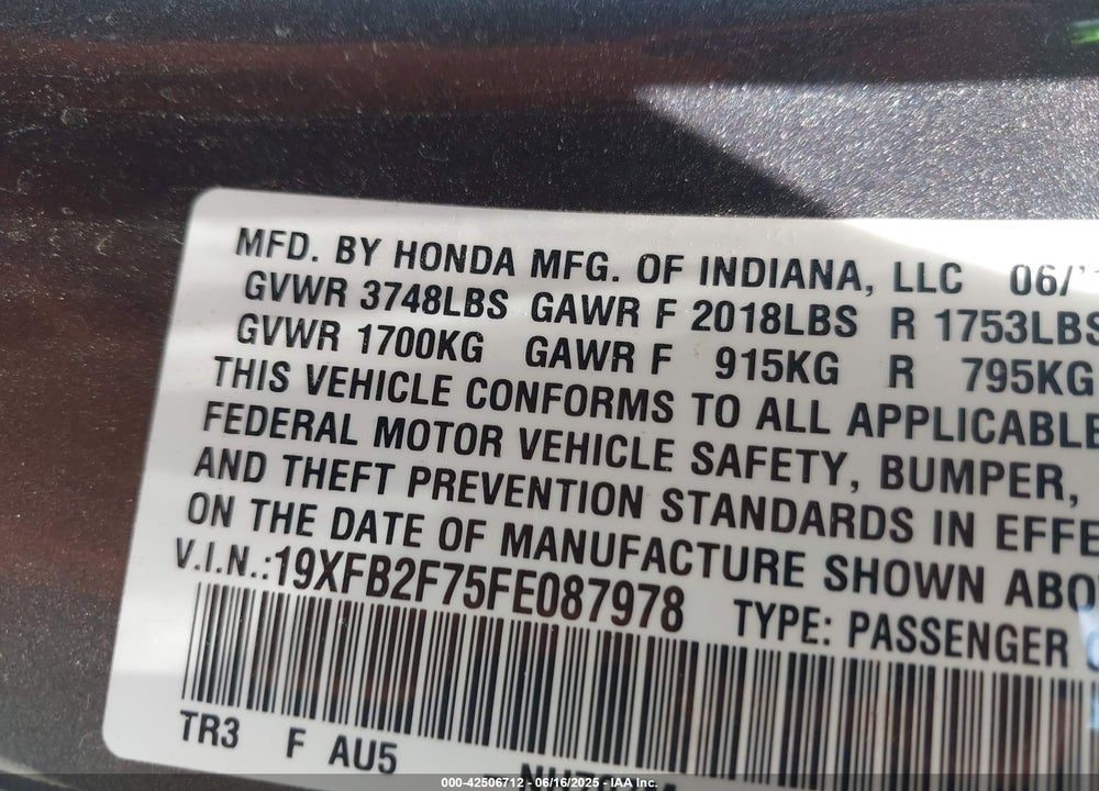 2015 HONDA CIVIC VIN: 19XFB2F75FE087978