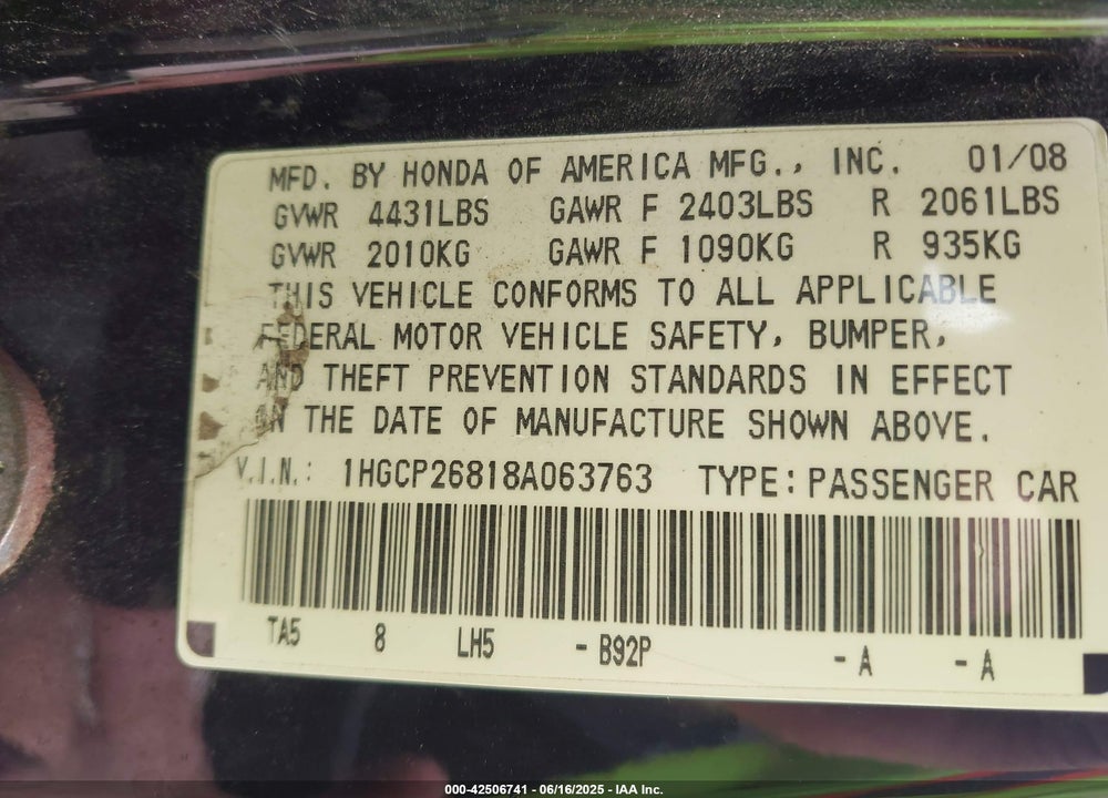 2008 HONDA ACCORD 2.4 EX-L VIN: 1HGCP26818A063763
