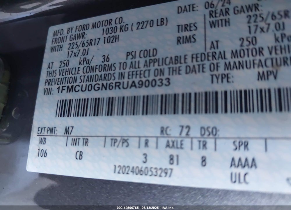 2024 FORD ESCAPE VIN: 1FMCU0GN6RUA90033