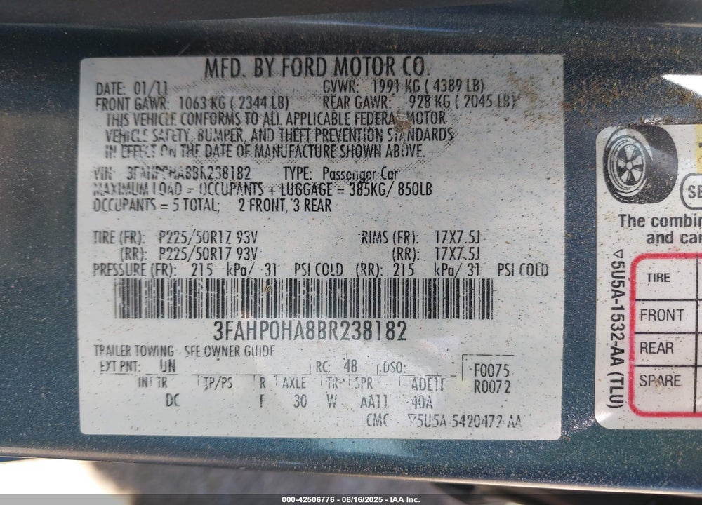2011 FORD FUSION SE VIN: 3FAHP0HA8BR238182