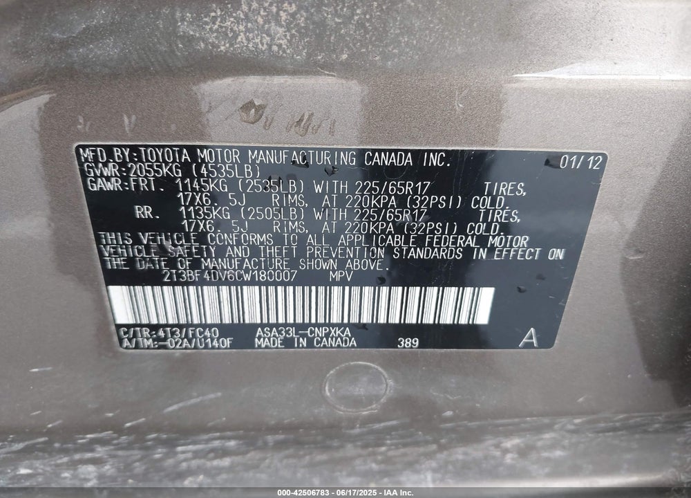 2012 TOYOTA RAV4 VIN: 2T3BF4DV6CW180007