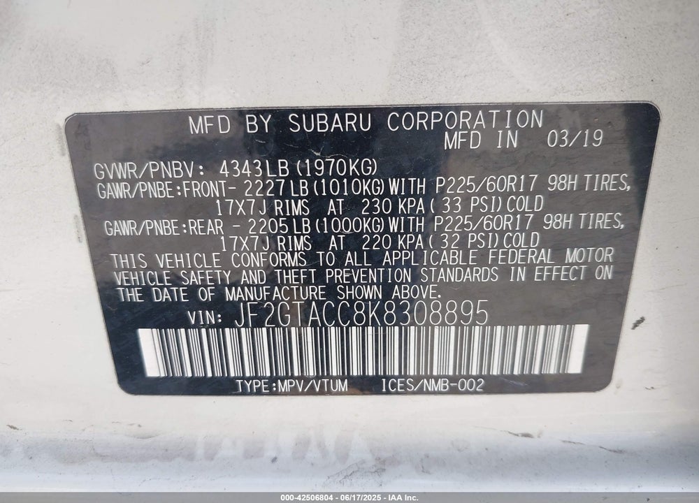 2019 SUBARU CROSSTREK VIN: JF2GTACC8K8308895
