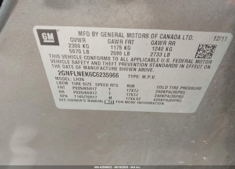2012 CHEVROLET EQUINOX VIN: 2GNFLNEK6C6235966