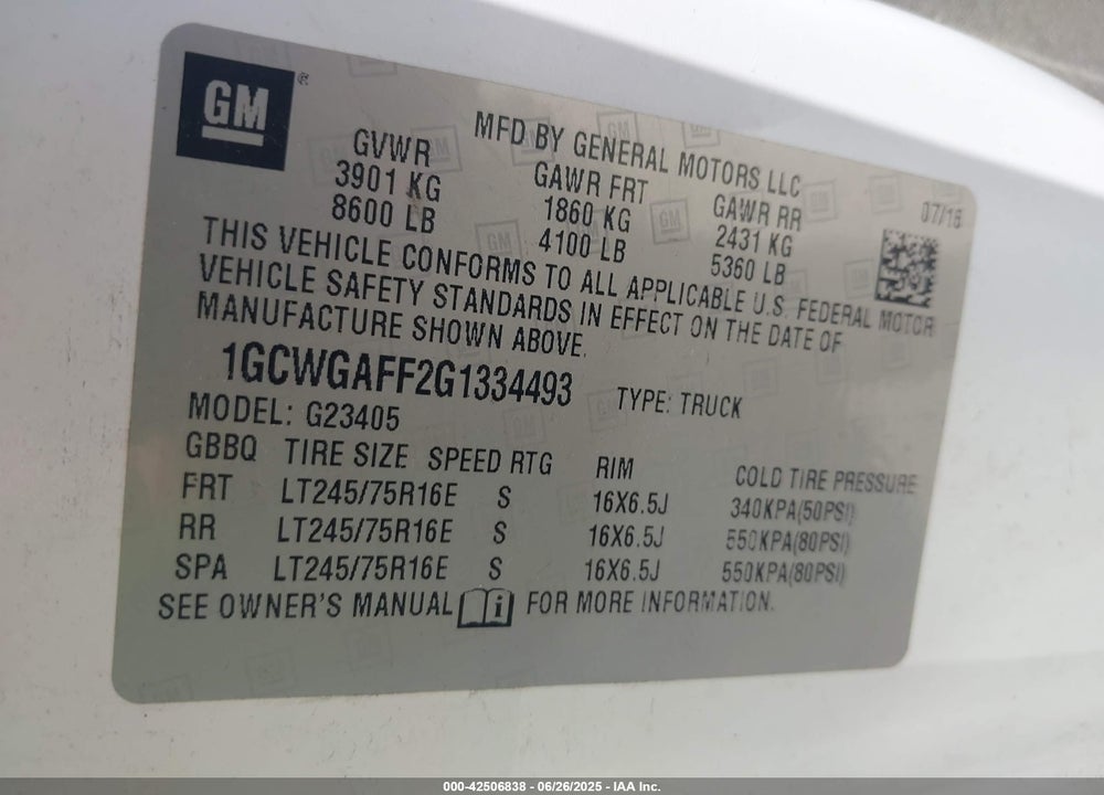 2016 CHEVROLET EXPRESS 2500 WORK VAN VIN: 1GCWGAFF2G1334493