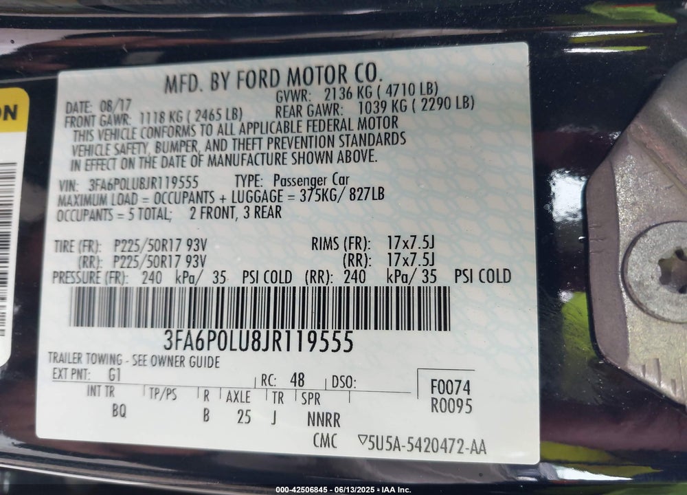 2018 FORD FUSION HYBRID SE VIN: 3FA6P0LU8JR119555