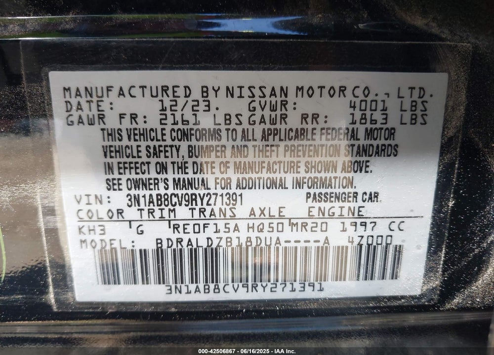 2024 NISSAN SENTRA SV XTRONIC CVT VIN: 3N1AB8CV9RY271391