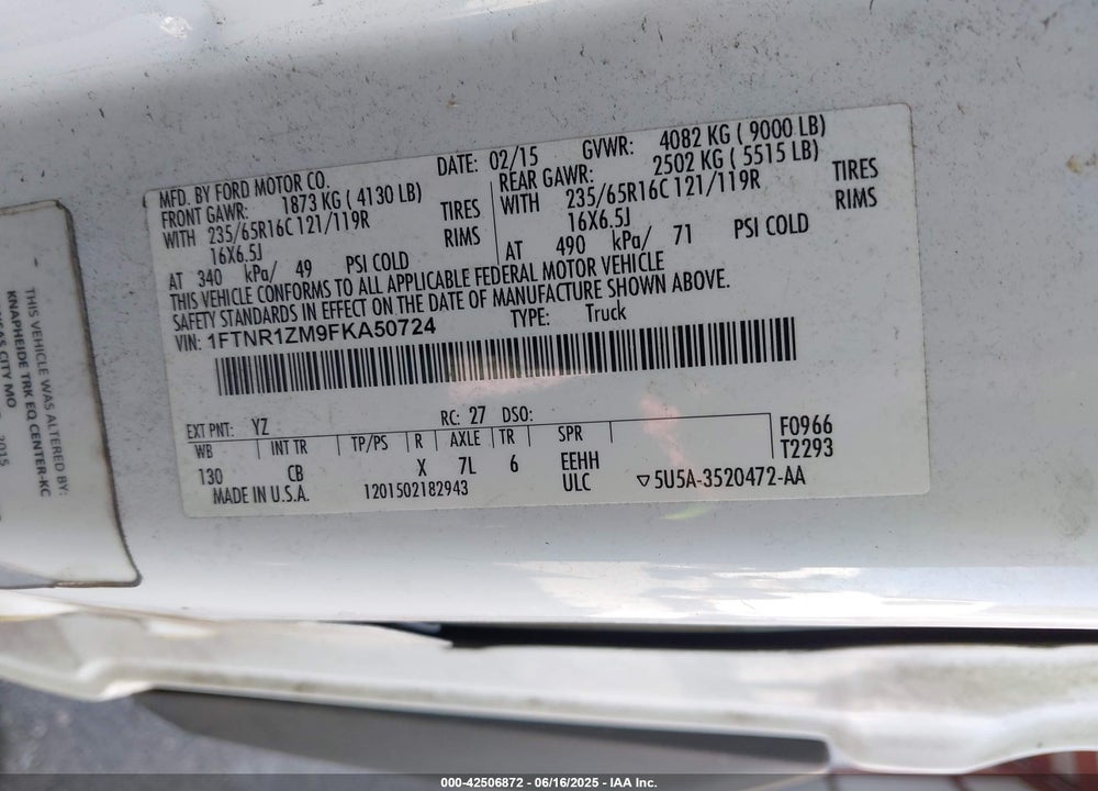 2015 FORD TRANSIT-250 VIN: 1FTNR1ZM9FKA50724