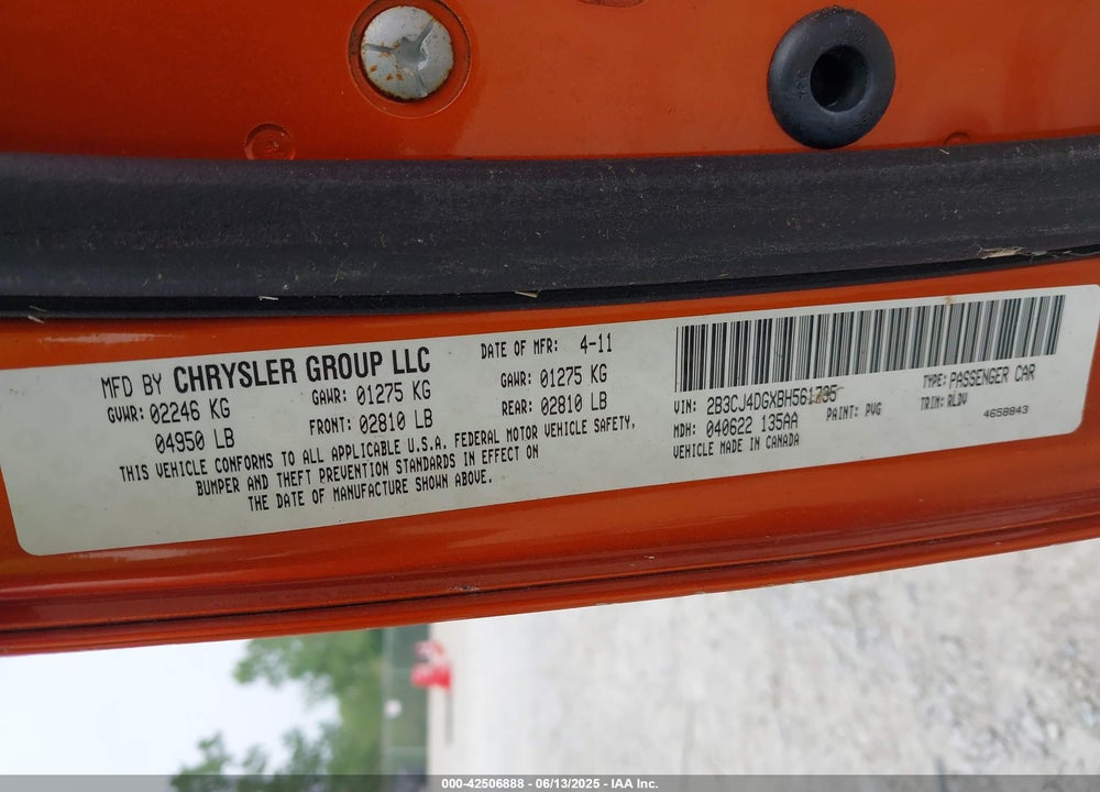 2011 DODGE CHALLENGER VIN: 2B3CJ4DGXBH561735