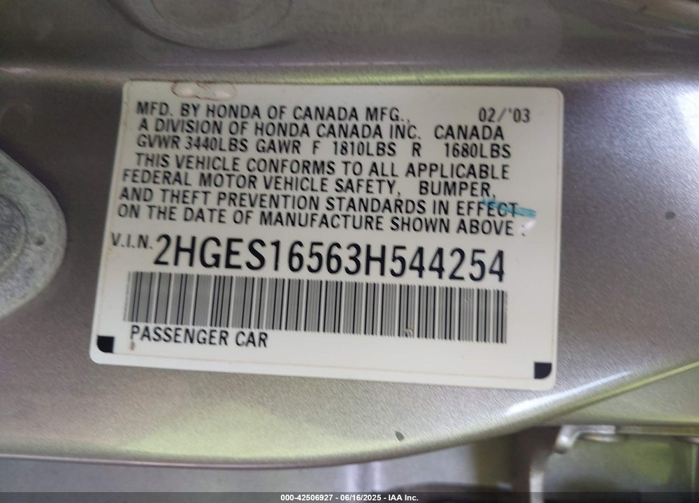 2003 HONDA CIVIC LX VIN: 2HGES16563H544254