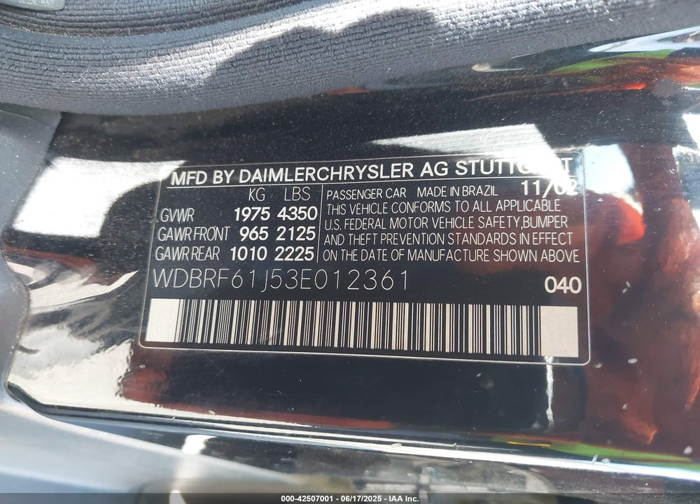 2003 MERCEDES-BENZ C 240 VIN: WDBRF61J53E012361