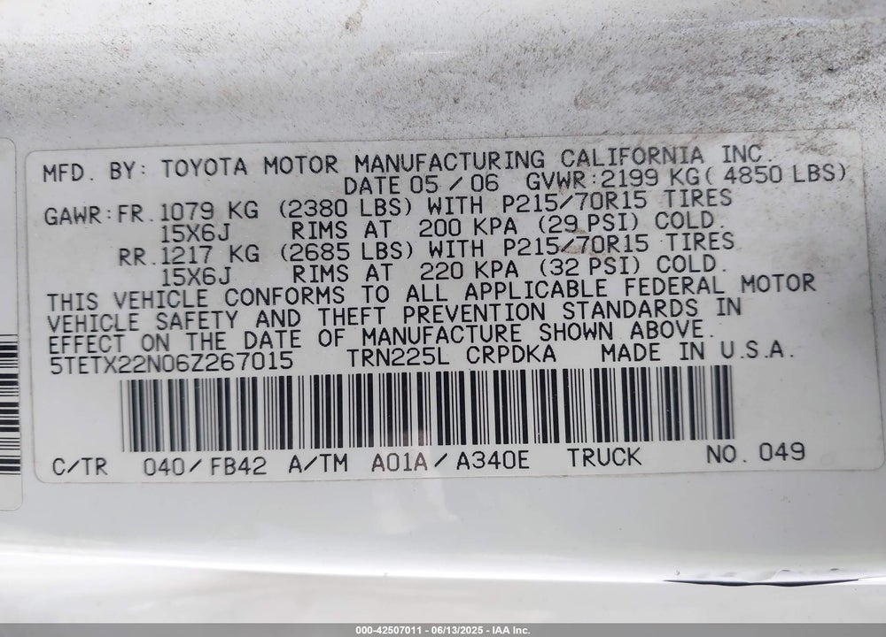2006 TOYOTA TACOMA VIN: 5TETX22N06Z267015