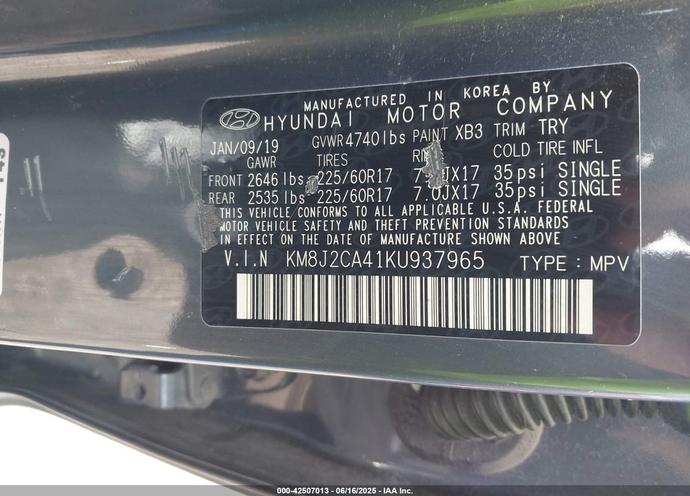 2019 HYUNDAI TUCSON VIN: KM8J2CA41KU937965