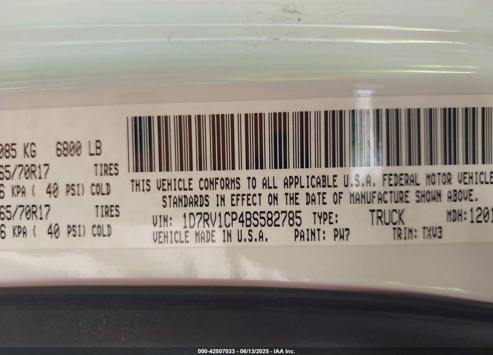 2011 RAM RAM 1500 VIN: 1D7RV1CP4BS582785