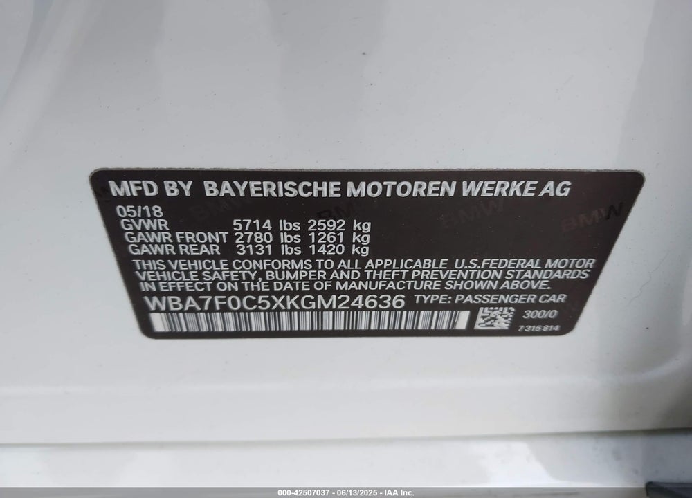 2019 BMW 750I VIN: WBA7F0C5XKGM24636