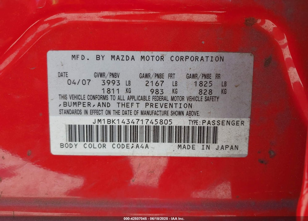 2007 SPORT MAZDA MAZDA3 S VIN: JM1BK143471745805
