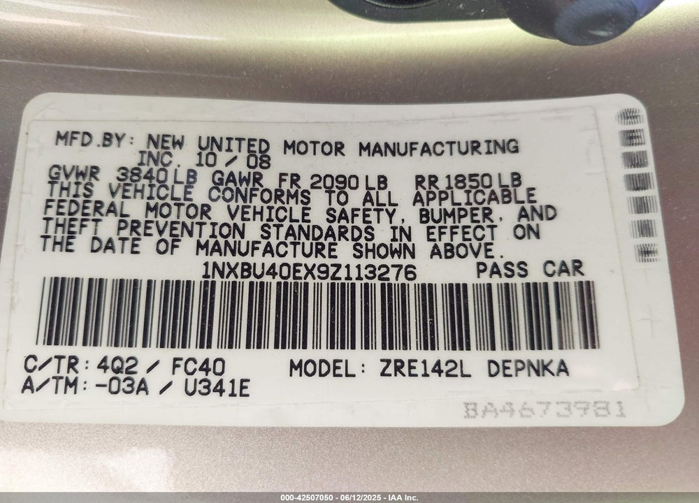 2009 TOYOTA COROLLA VIN: 1NXBU40EX9Z113276