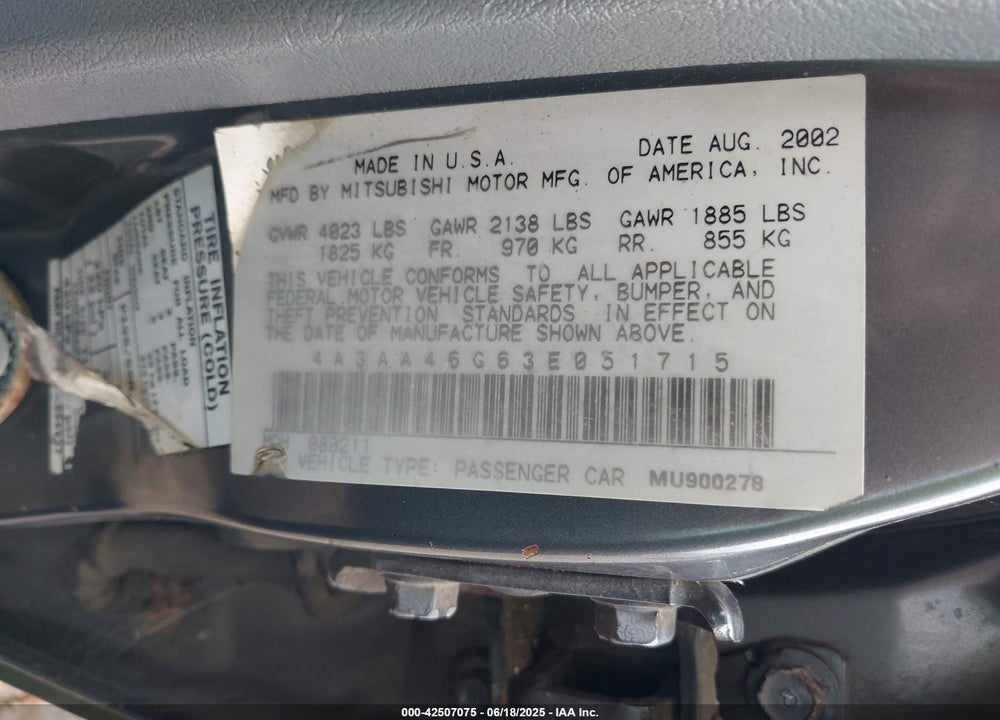 2003 MITSUBISHI GALANT ES/LS VIN: 4A3AA46G63E051715