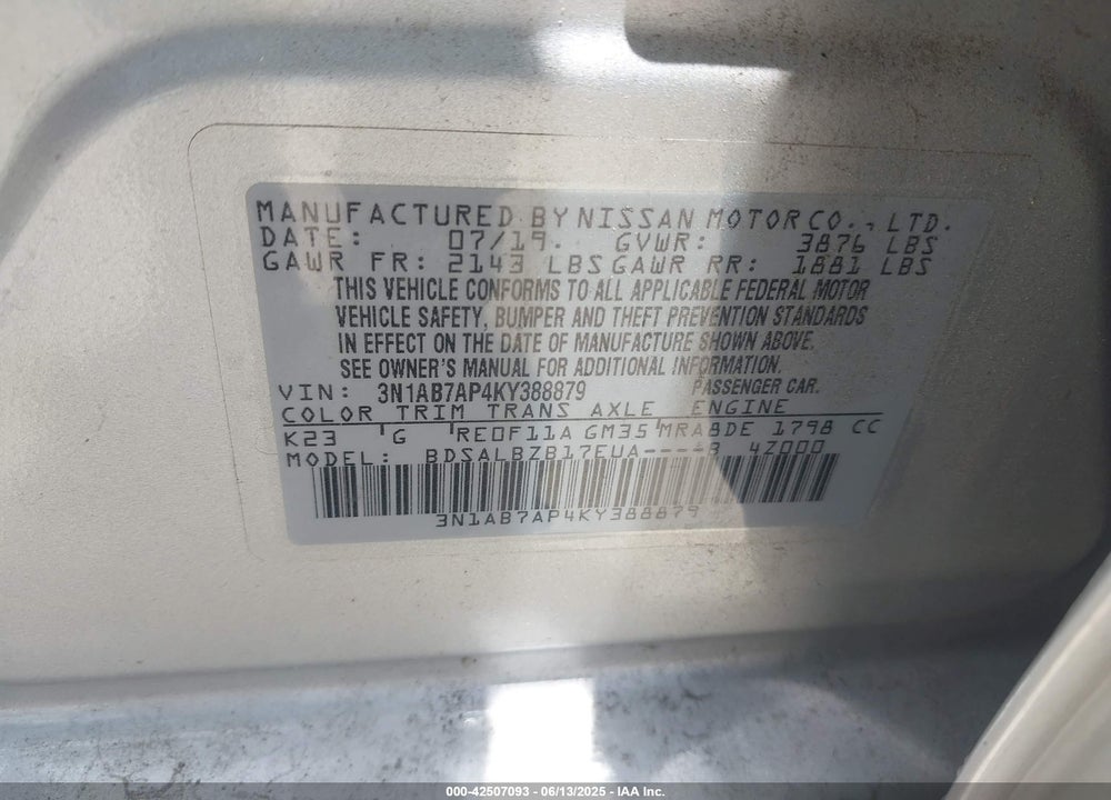 2019 NISSAN SENTRA VIN: 3N1AB7AP4KY388879