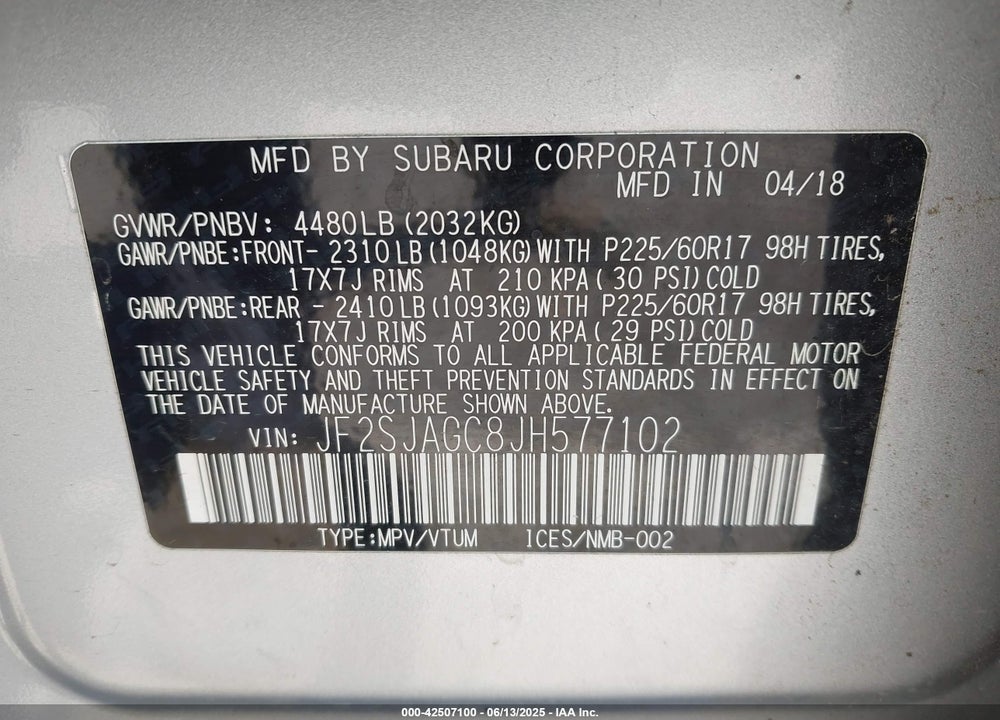 2018 SUBARU FORESTER VIN: JF2SJAGC8JH577102