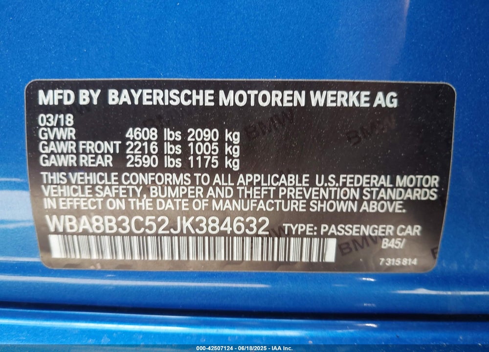 2018 BMW 340I VIN: WBA8B3C52JK384632